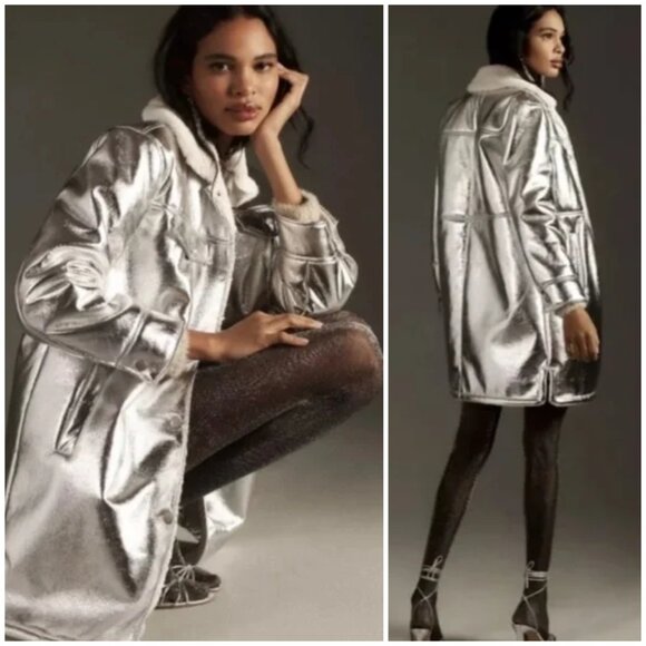 NWT 7 For All Mankind Silver Faux Shearling Coat Jacket Size S - Picture 1 of 12